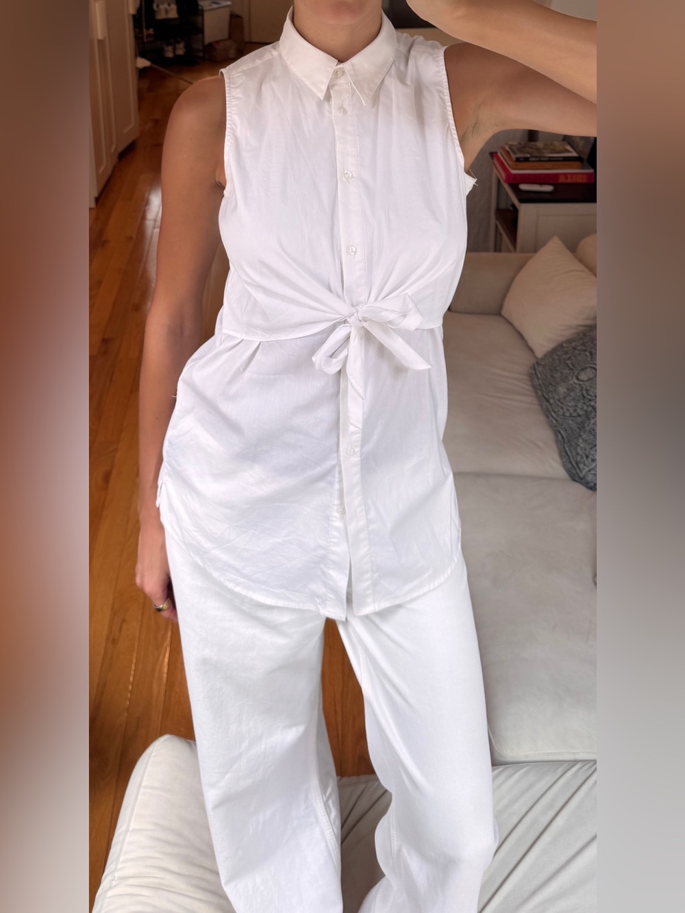 RENUAR White Sleeveless Tie-Front Button Shirt